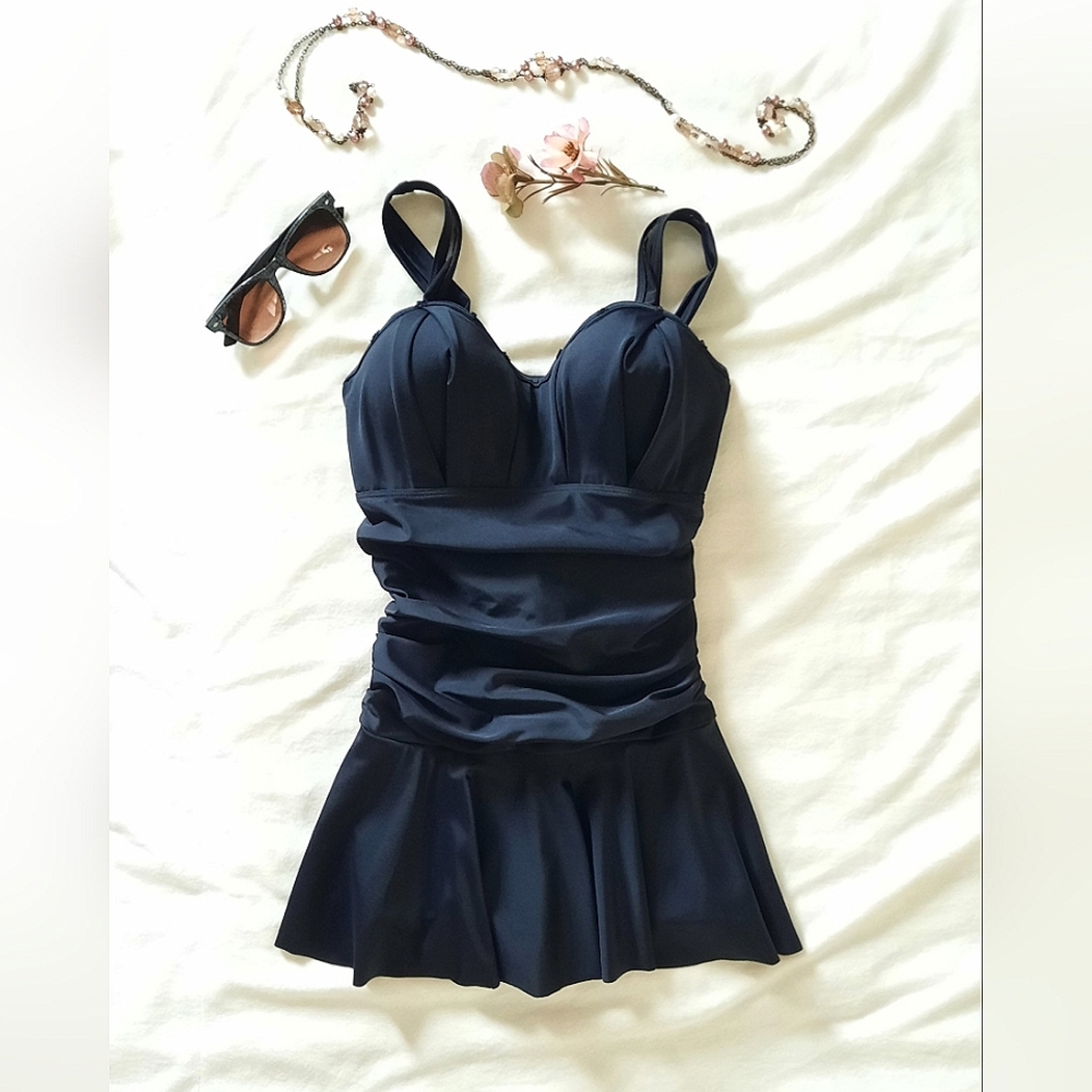 SHUMAN One-Piece Corset Black Swimsuit with Shorts & Skirted